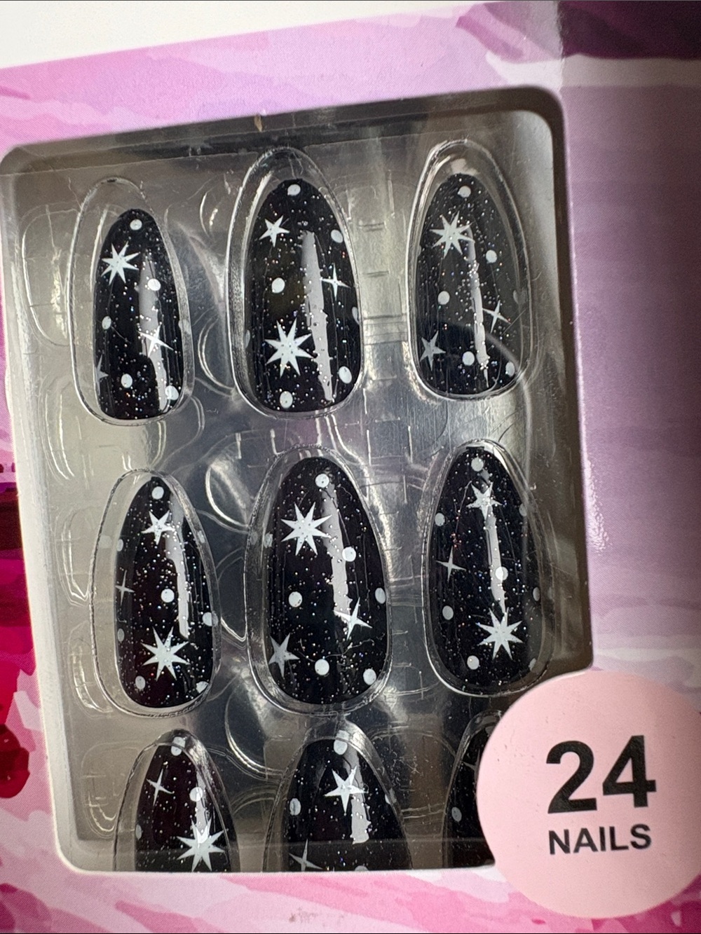 Black Celestial Starry Glitter Almond Shape Press-On Nails